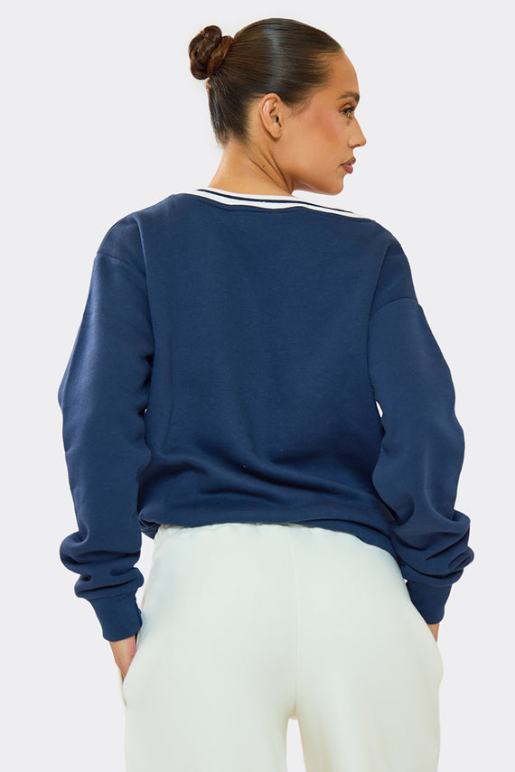 Missyempire Lyla Navy Vancouver V Neck Sweatshirt