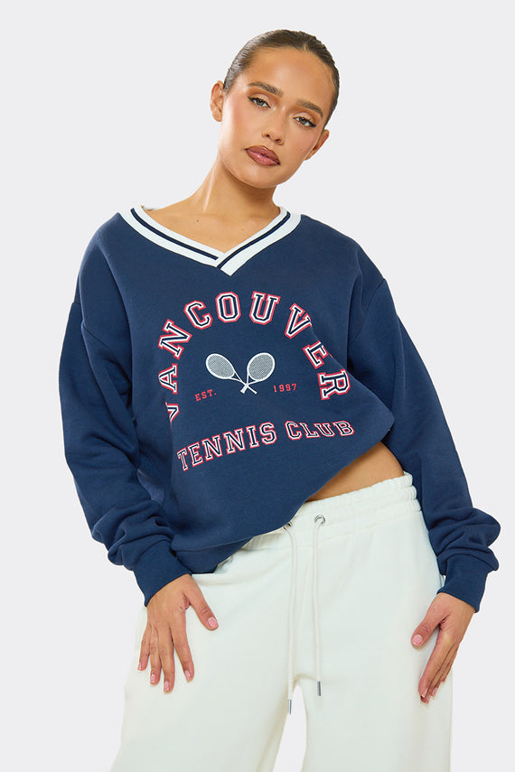 missyempire Lyla Navy Vancouver V Neck Sweatshirt
