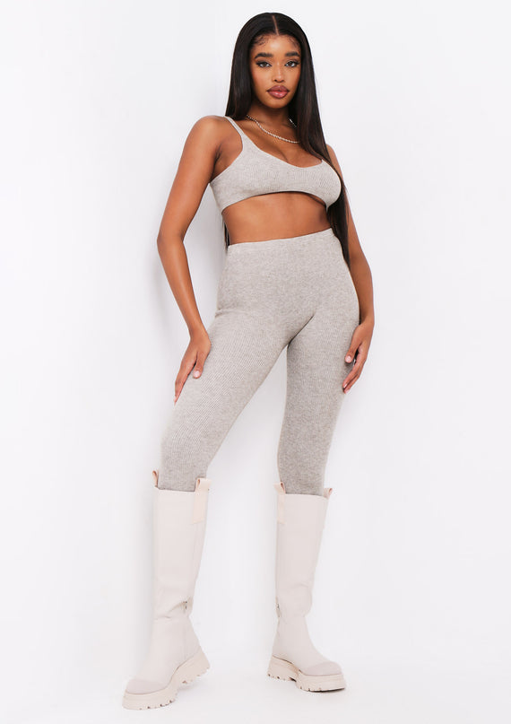 Missyempire Lyla Oatmeal Knitted Ribbed Leggings