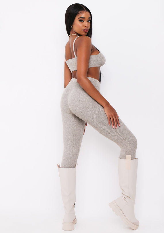 Missyempire Lyla Oatmeal Knitted Ribbed Leggings