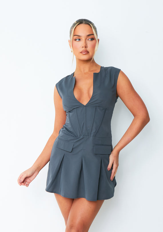 Missyempire Matilda Dark Grey Plunge Pleated Dress