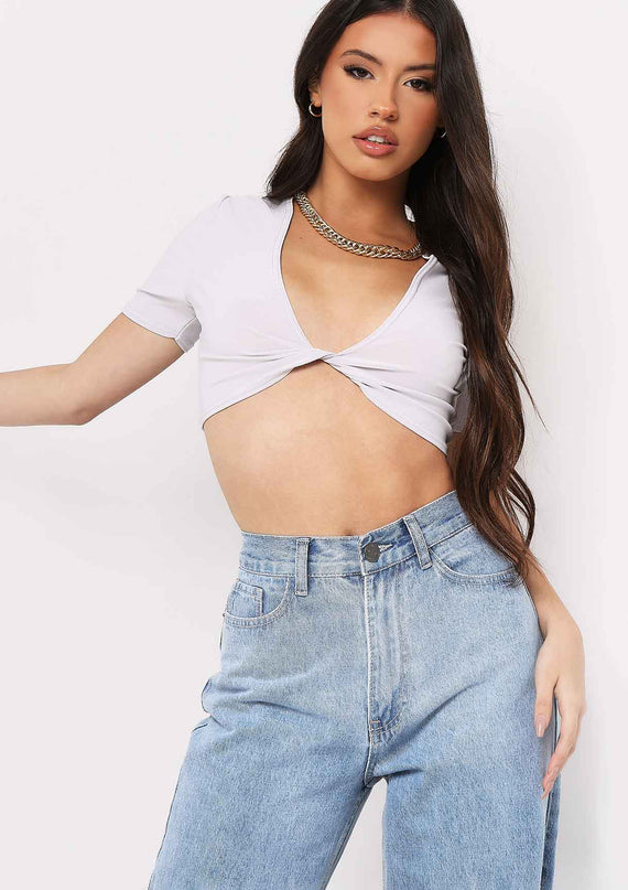 missyempire Maya Grey Slinky Twist Front Crop Top
