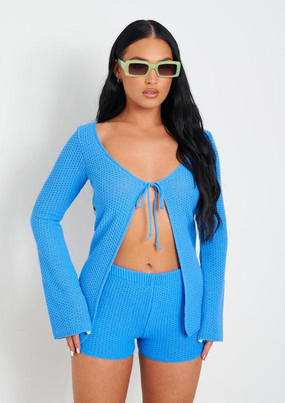 Missyempire Melody Blue Crochet Knit Cardi
