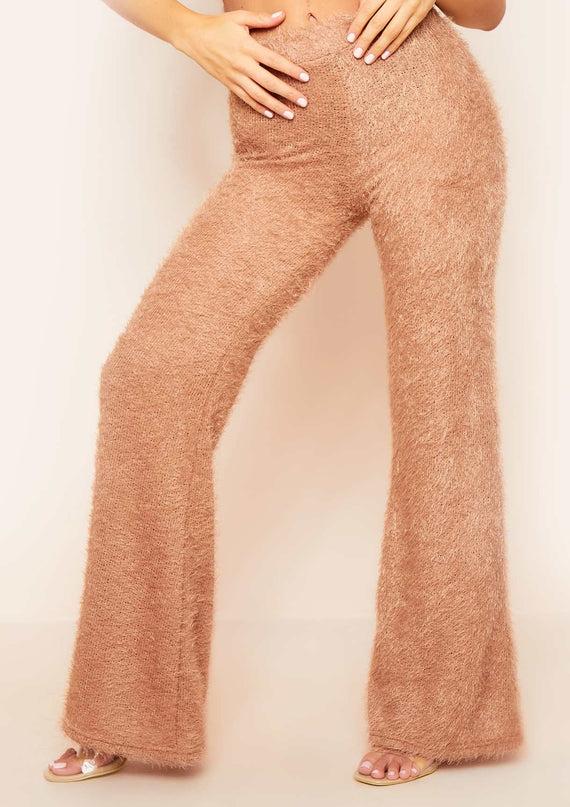 missyempire Meya Tan Fluffy Knit Wide Leg Trousers