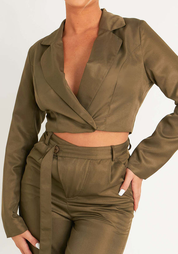 Missyempire Mina Khaki Cropped Fitted Blazer