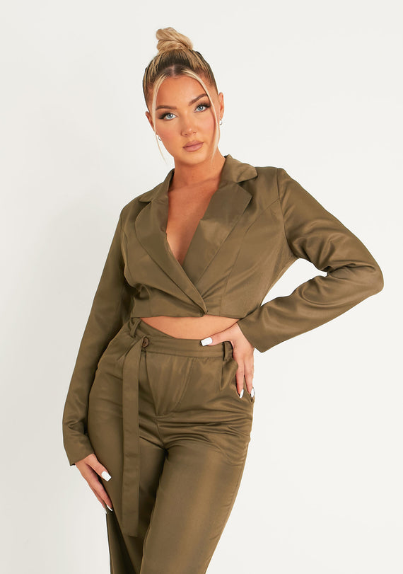 missyempire Mina Khaki Cropped Fitted Blazer