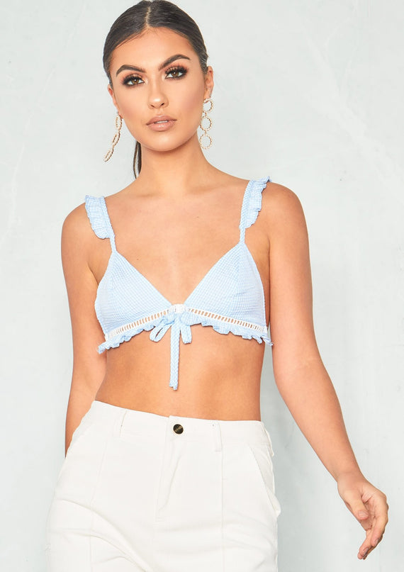 missyempire Nancy Blue Gingham Frill Hem Bralet