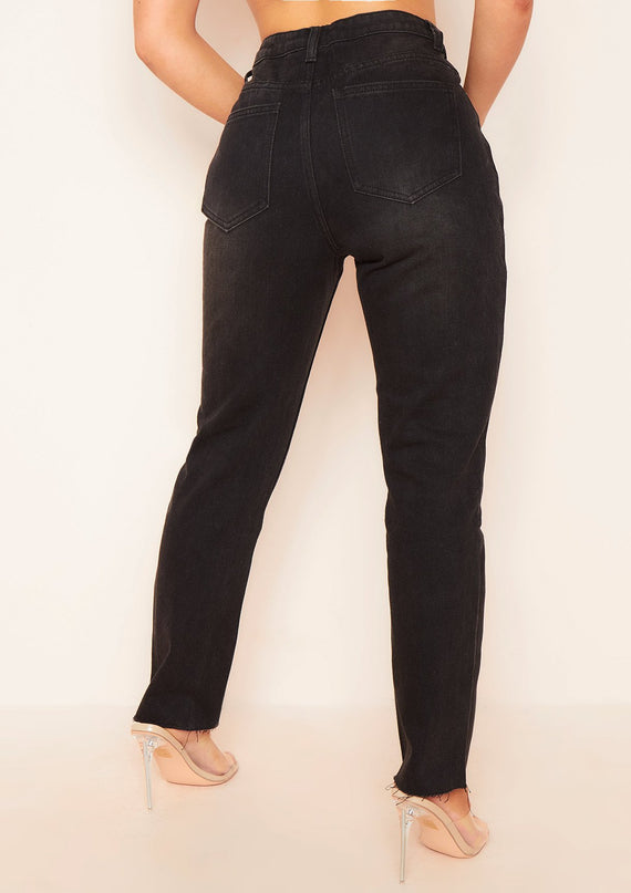 Missyempire Olivia Black Raw Hem Denim Mom Jeans