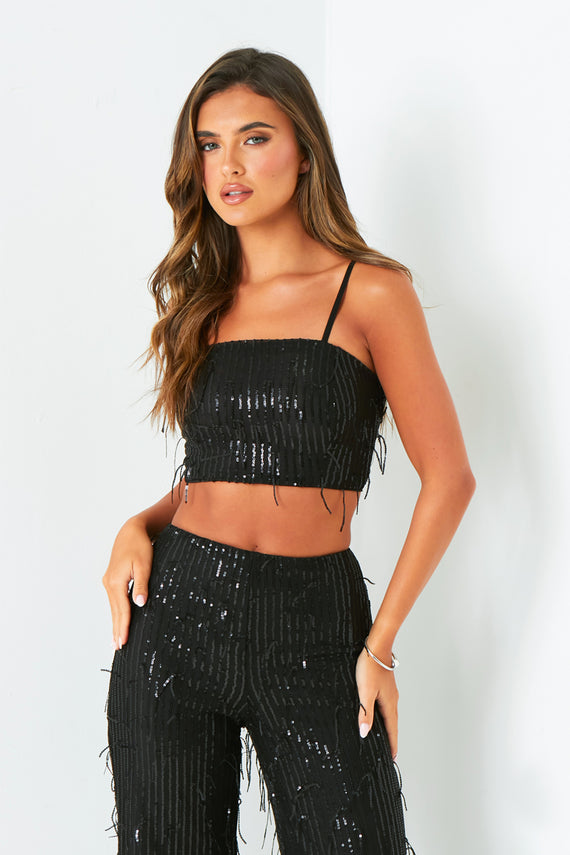 missyempire Orla Black Tassel Sequin Crop Top