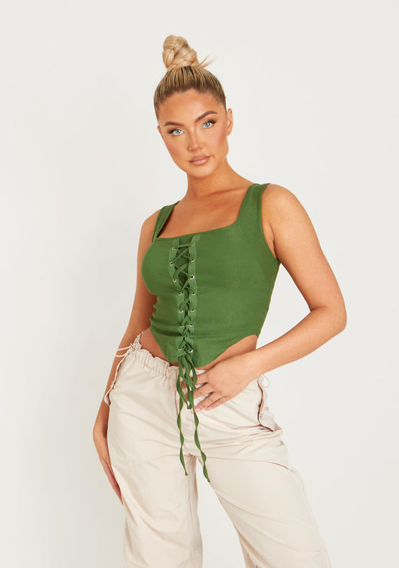 Missyempire Polly Khaki Lace Up Corset Top