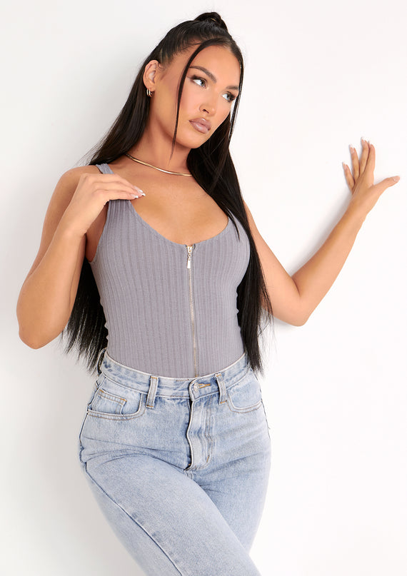 Missyempire Psalm Grey Plunge Zip Ribbed Bodysuit