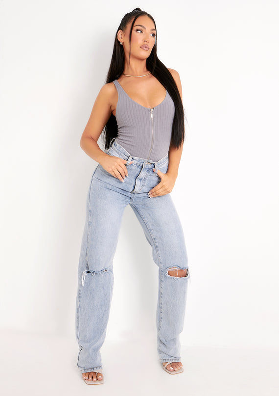 Missyempire Psalm Grey Plunge Zip Ribbed Bodysuit