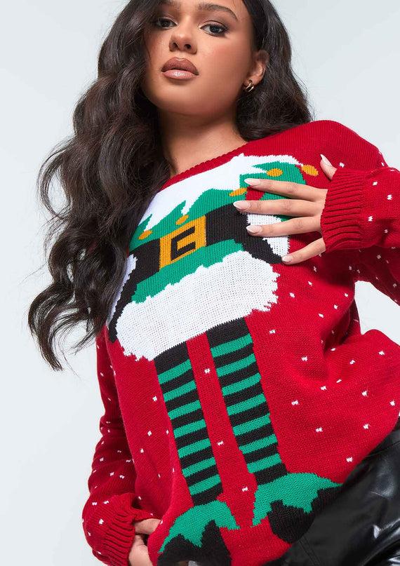 Missyempire Red Elf Knitted Christmas Jumper