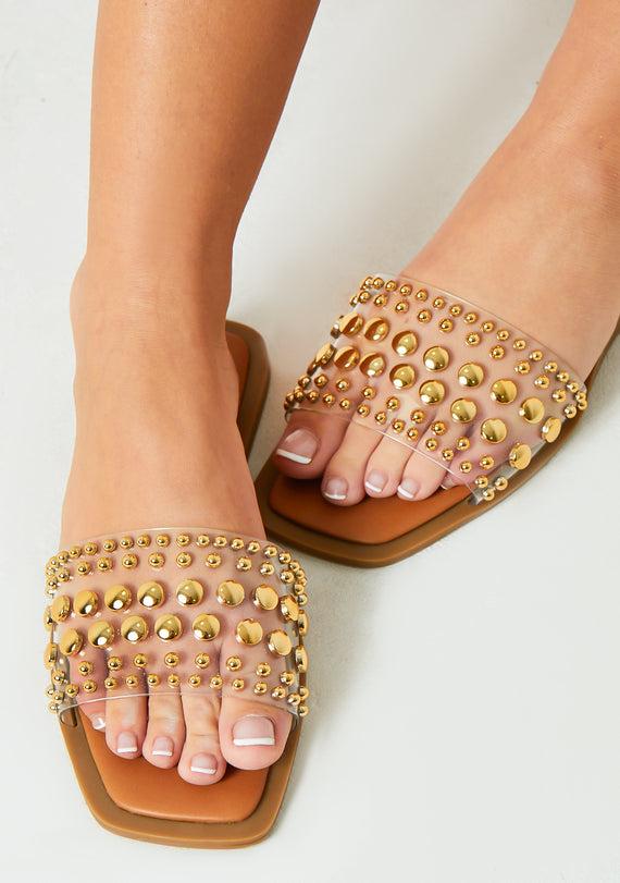 Missyempire Rosa Gold Stud Perspex Flat Sandal