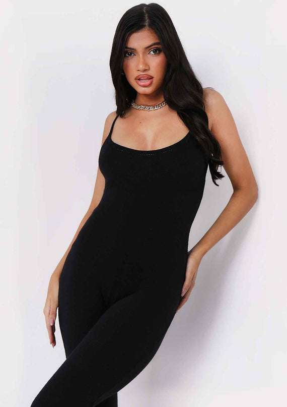 missyempire Serena Black Knitted Strappy Jumpsuit