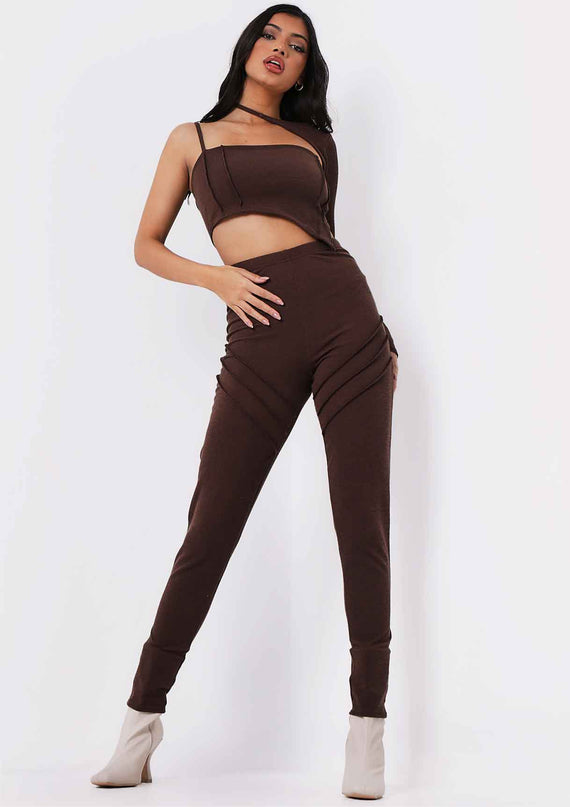 missyempire Syd Chocolate Ribbed Panel Leggings