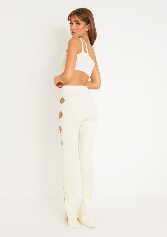 Missyempire Tessa Cream Knitted Split Hem Trousers