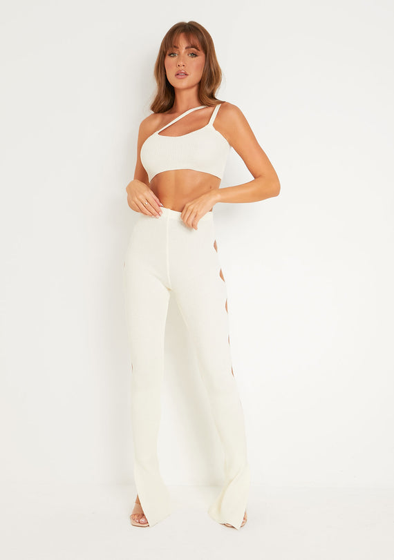 Missyempire Tessa Cream Knitted Split Hem Trousers