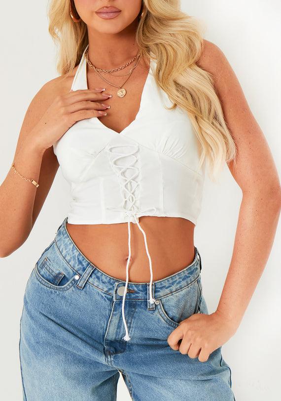 Missyempire Zoey White Lace Up Detail Halter Top