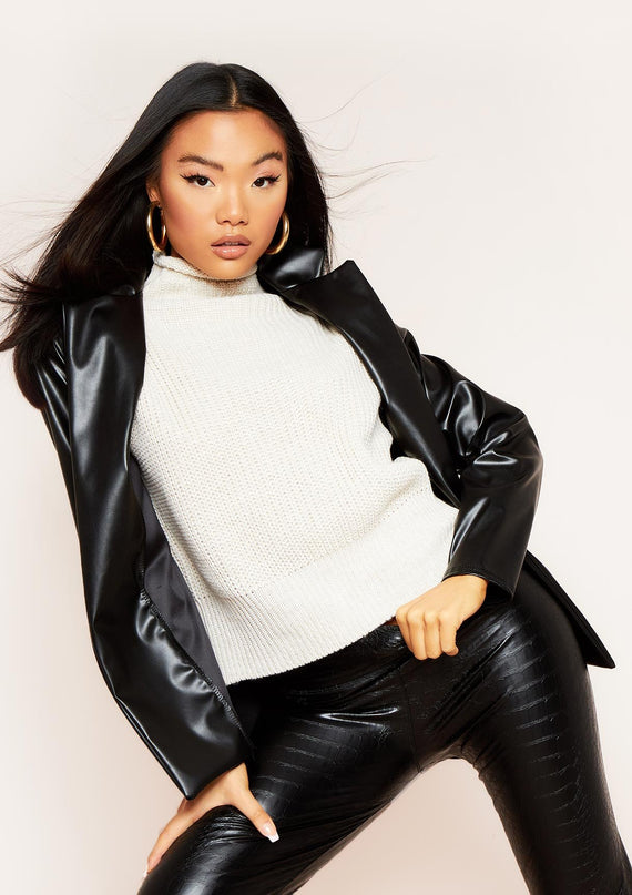 missyempire Zoya Black Faux Leather Fitted Blazer