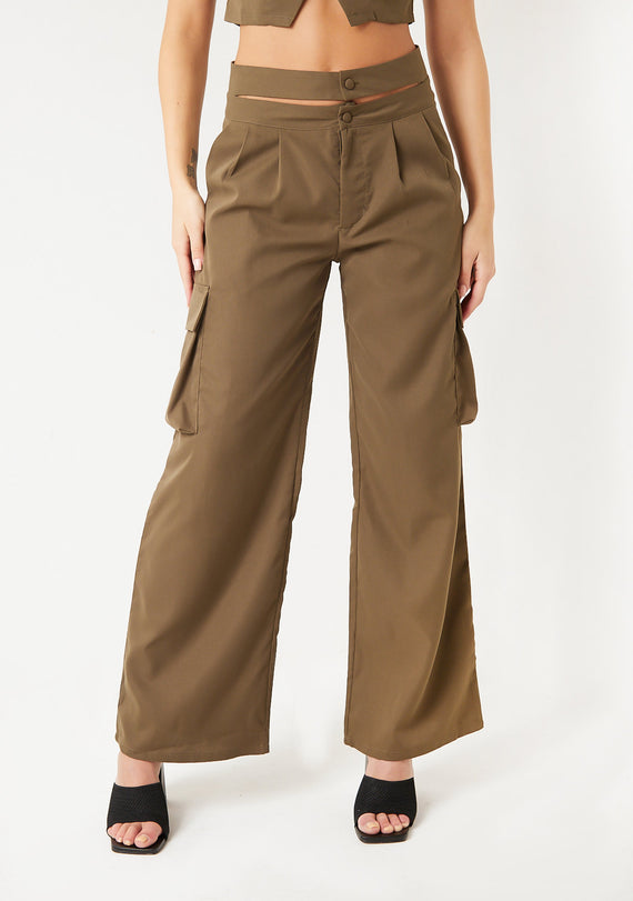 Missyempire Morgan Khaki Cut Out Waist Straight Leg Cargo Trousers