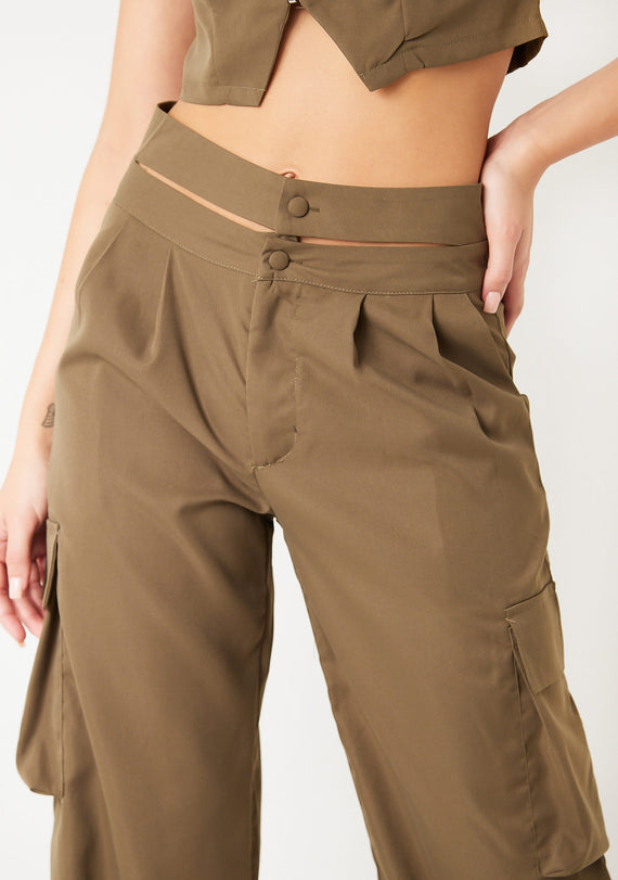 Missyempire Morgan Khaki Cut Out Waist Straight Leg Cargo Trousers