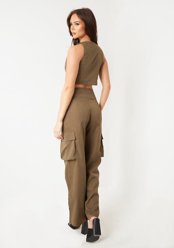 Missyempire Morgan Khaki Cut Out Waist Straight Leg Cargo Trousers