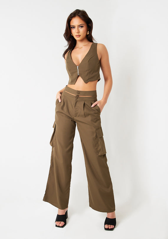 missyempire Morgan Khaki Cut Out Waist Straight Leg Cargo Trousers