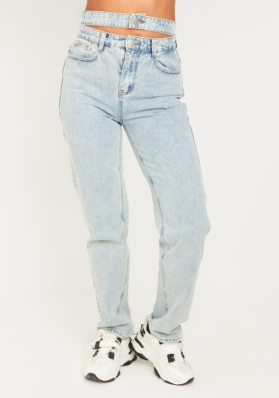 Missyempire Mya Mid Wash Denim Double Waistband Straight Leg Jeans