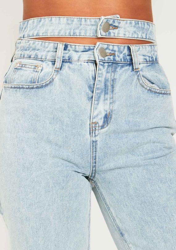 Missyempire Mya Mid Wash Denim Double Waistband Straight Leg Jeans