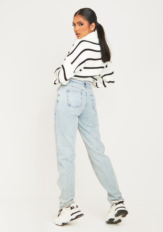 Missyempire Mya Mid Wash Denim Double Waistband Straight Leg Jeans