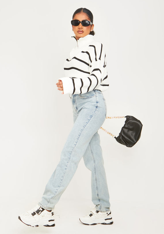 missyempire Mya Mid Wash Denim Double Waistband Straight Leg Jeans