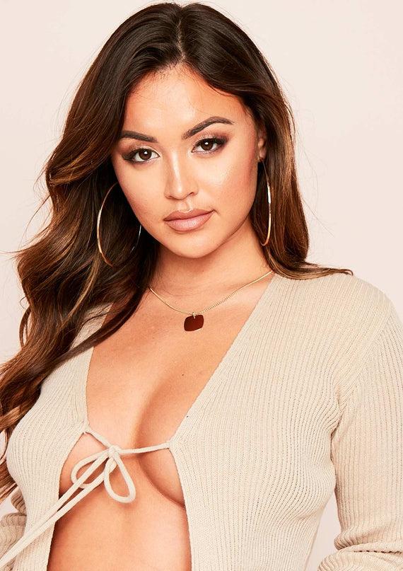 Missyempire Nataly Stone Ribbed Knit Tie Cropped Cardigan