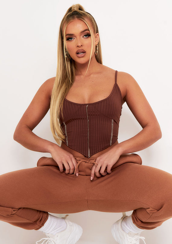 missyempire Natalya Chocolate Rib Contrast Stitch Corset Top