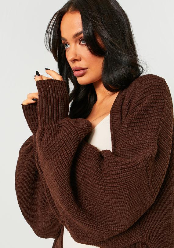 Missyempire Nathalie Chocolate Balloon Sleeve Knitted Cardigan
