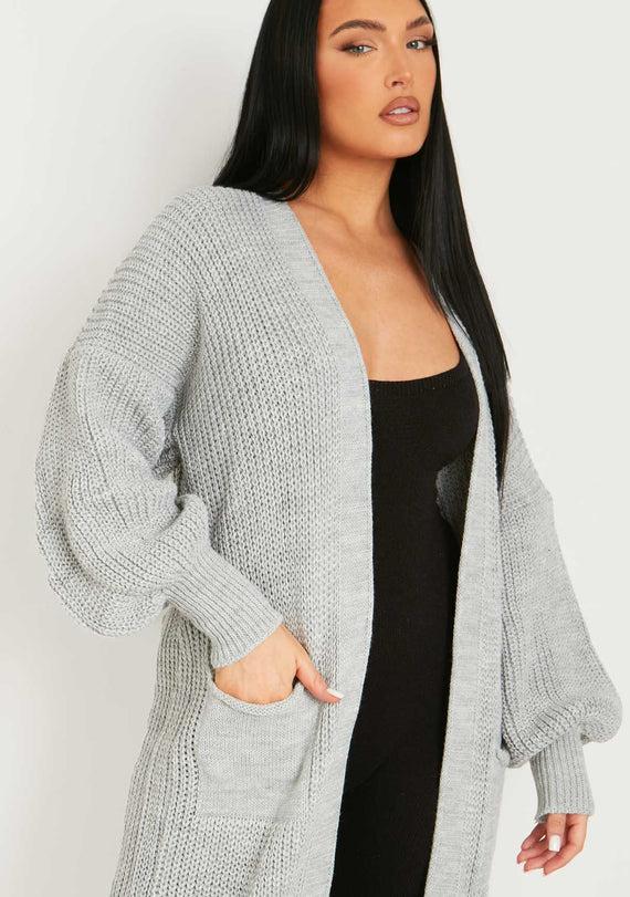 Missyempire Nathalie Grey Balloon Sleeve Knitted Cardigan