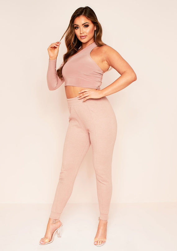 Missyempire Nayla Dusty Rose Ribbed Slim Leg Joggers