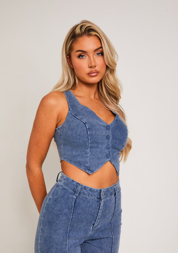 missyempire Nella Blue Denim Cropped Button-Up Waistcoat