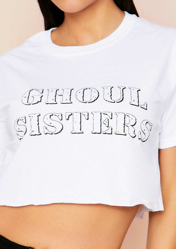 Missyempire Nicholina White Ghoul Sisters Slogan Cropped Oversized T-Shirt