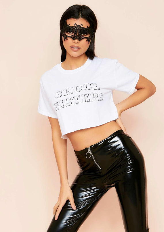 missyempire Nicholina White Ghoul Sisters Slogan Cropped Oversized T-Shirt