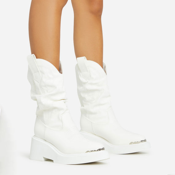 missyempire Ohio Embroidered Detail Ankle Western Cowboy Boot In White Faux Leather