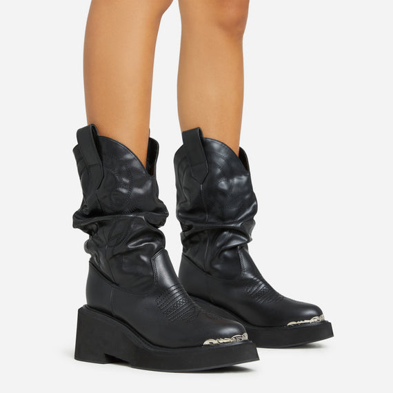 missyempire Ohio Embroidered Detail Ankle Western Cowboy Boot In Black Faux Leather