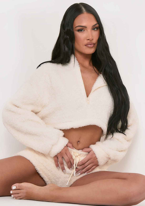 missyempire Olivia Cream Fluffy Teddy Borg Cropped Zip Up Hoodie
