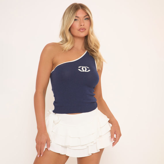 missyempire One Shoulder Contrast Logo Trim Detail Top In Blue Knit