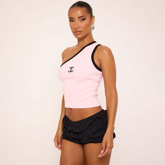 missyempire One Shoulder Contrast Trim Logo Detail Vest Top In Pink