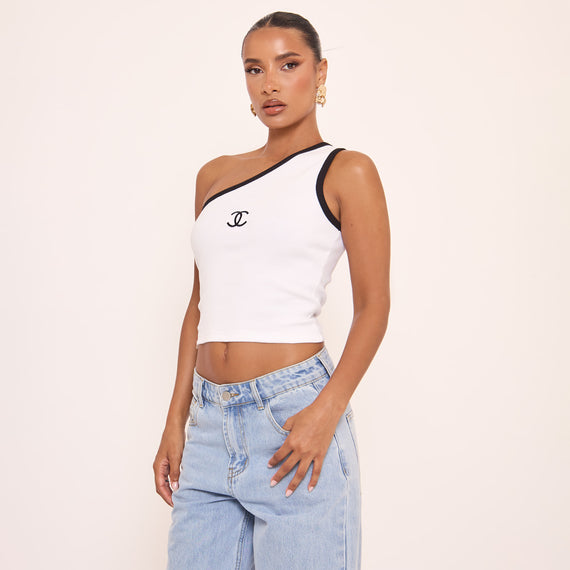 missyempire One Shoulder Contrast Trim Logo Detail Vest Top In White