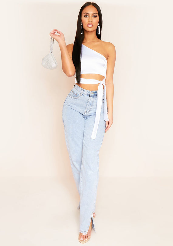 Missyempire Ovidia White One Shoulder Satin Crop Top