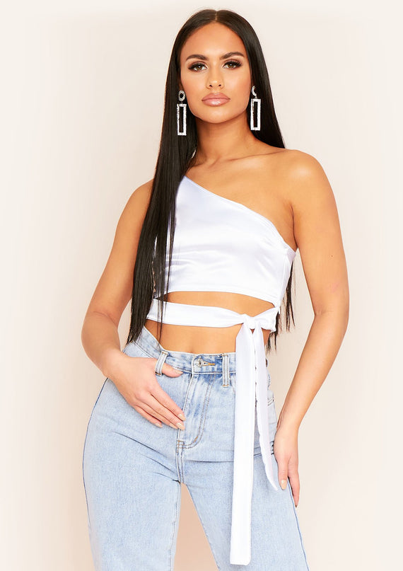 missyempire Ovidia White One Shoulder Satin Crop Top