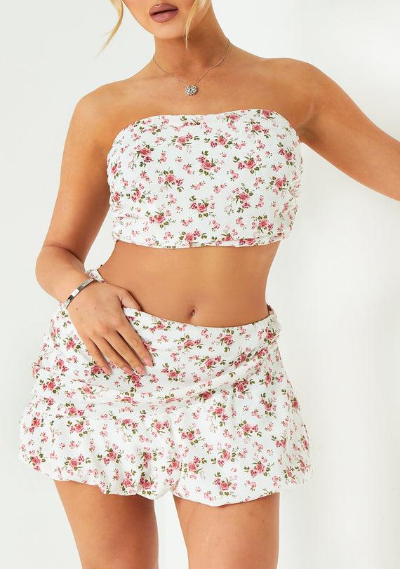 Missyempire Paige White Floral Printed Ruched Bandeau Top