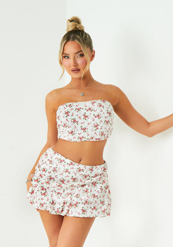 missyempire Paige White Floral Printed Ruched Bandeau Top